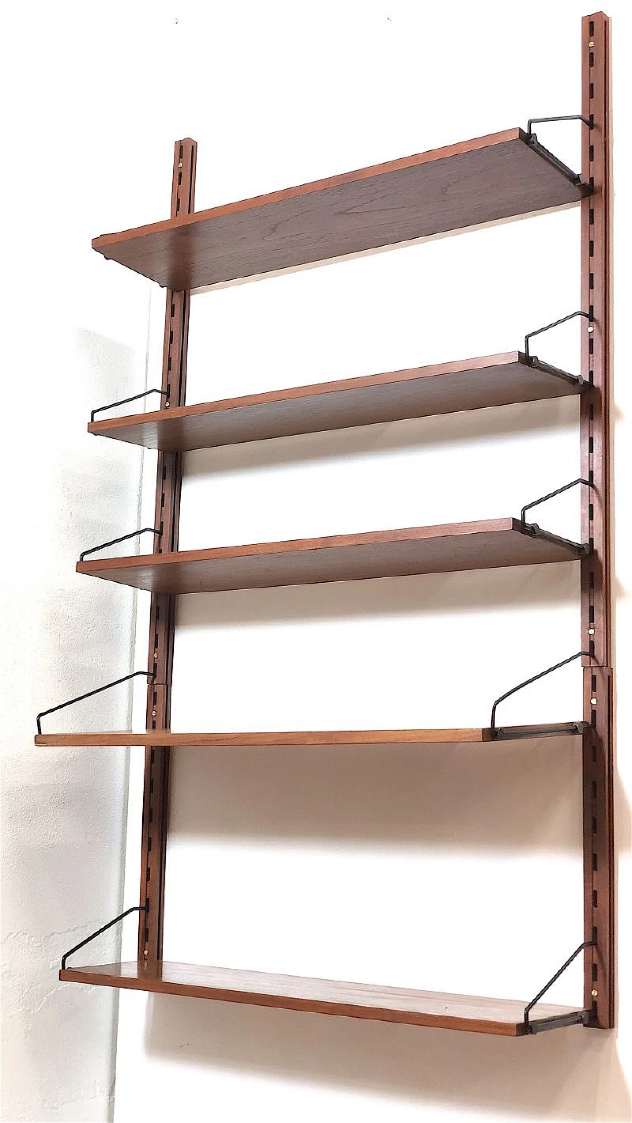 Modular hanging teak and metal bookcase, 1960s 10
