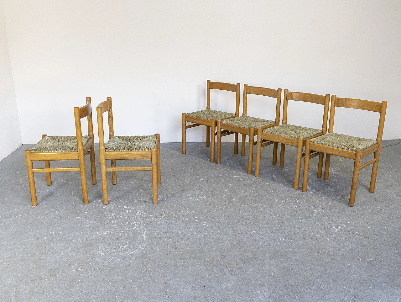 6 Sedie in legno di rovere e seduta in paglia, anni '60 1