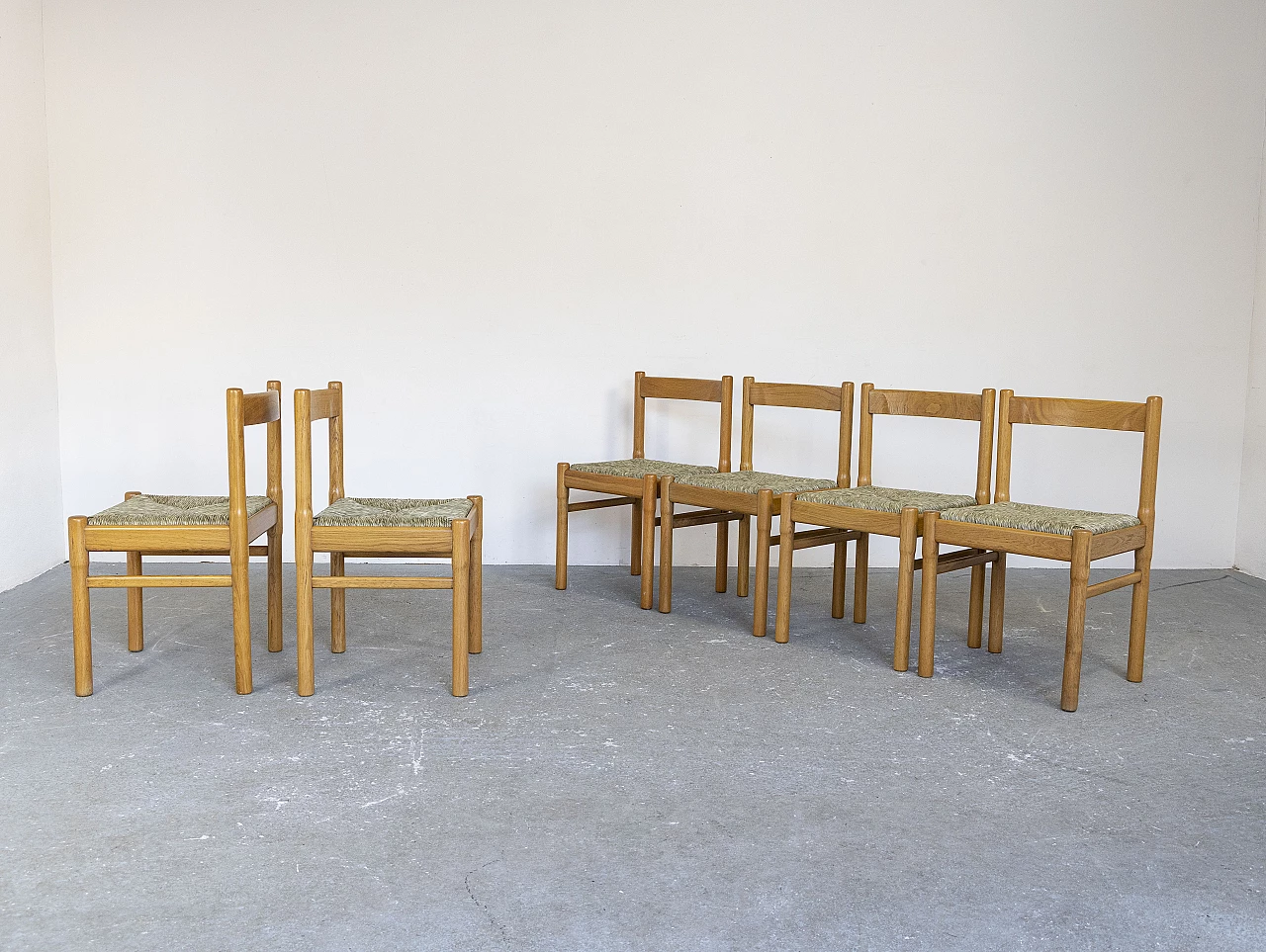 6 Sedie in legno di rovere e seduta in paglia, anni '60 2