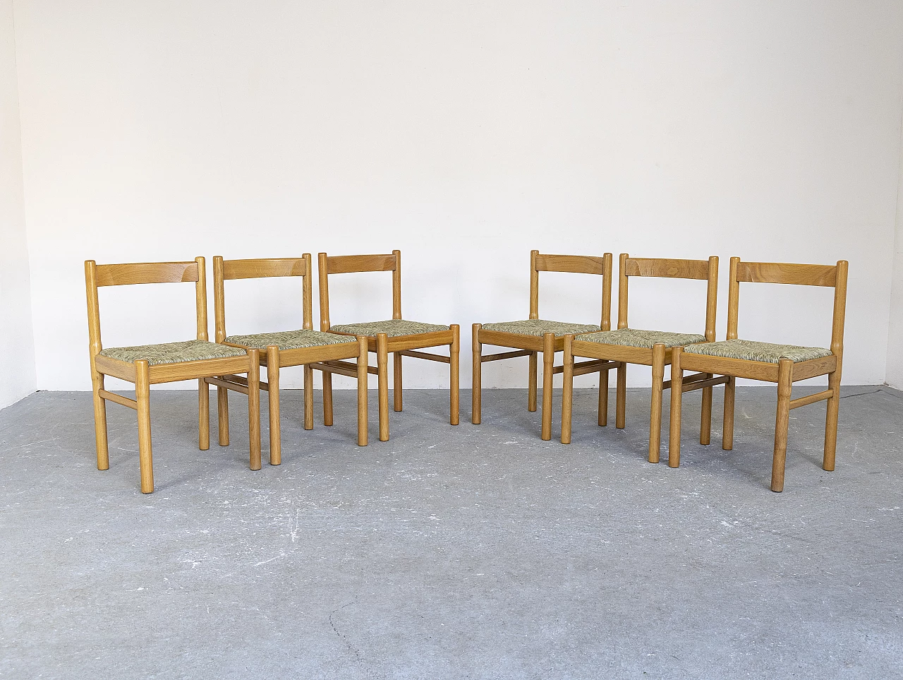6 Sedie in legno di rovere e seduta in paglia, anni '60 3