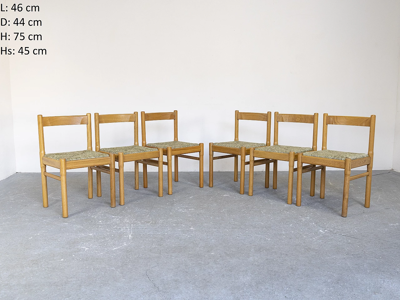 6 oak chairs with straw seat, 1960s 4