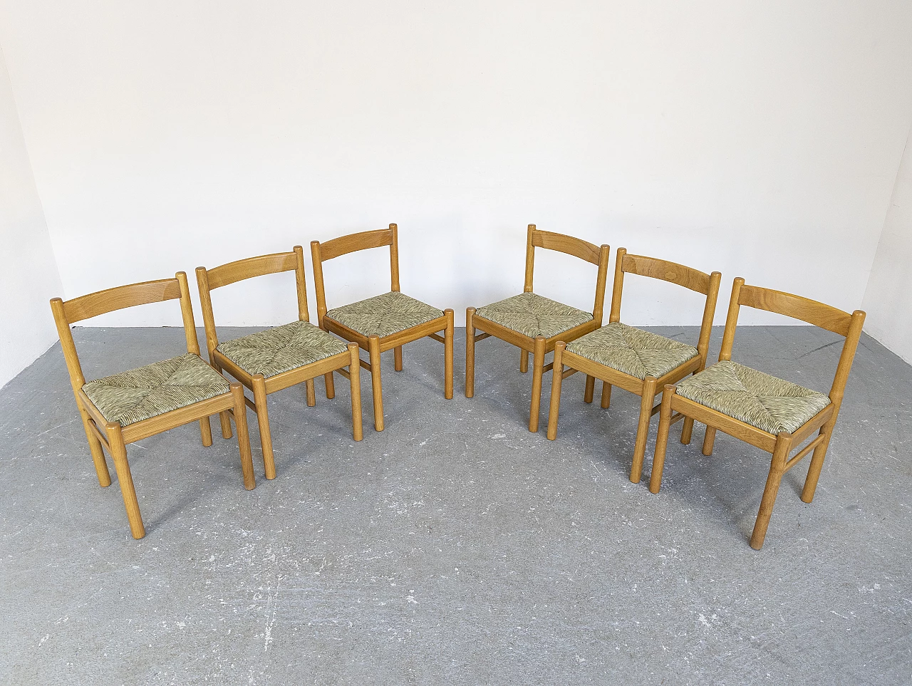 6 Sedie in legno di rovere e seduta in paglia, anni '60 5