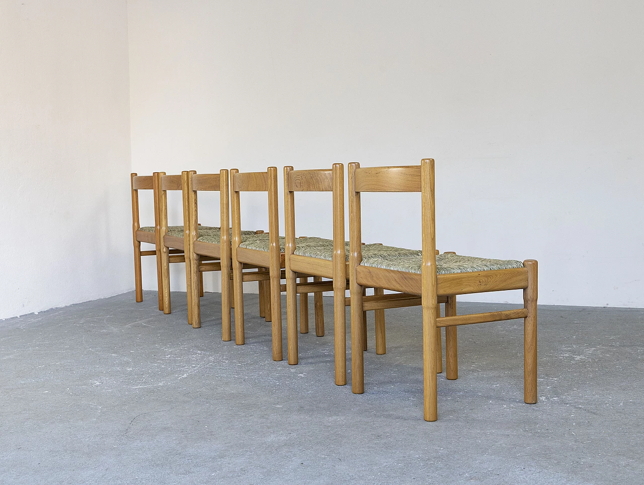 6 Sedie in legno di rovere e seduta in paglia, anni '60 7