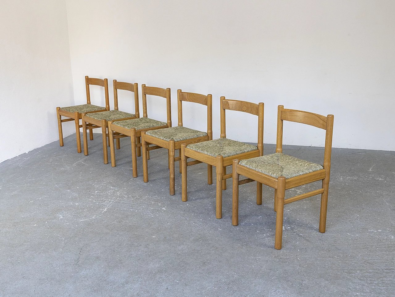 6 oak chairs with straw seat, 1960s 9