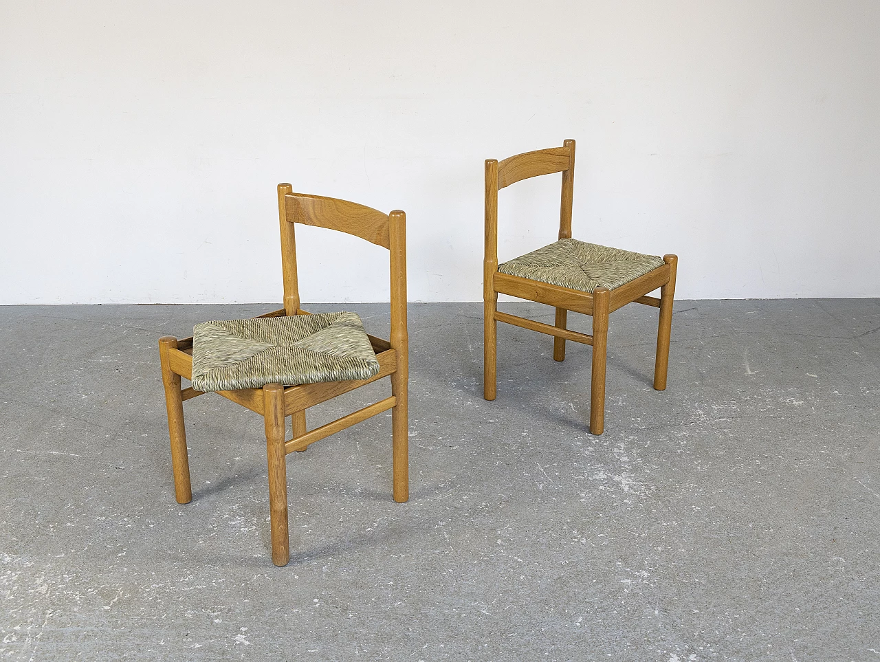 6 Sedie in legno di rovere e seduta in paglia, anni '60 10