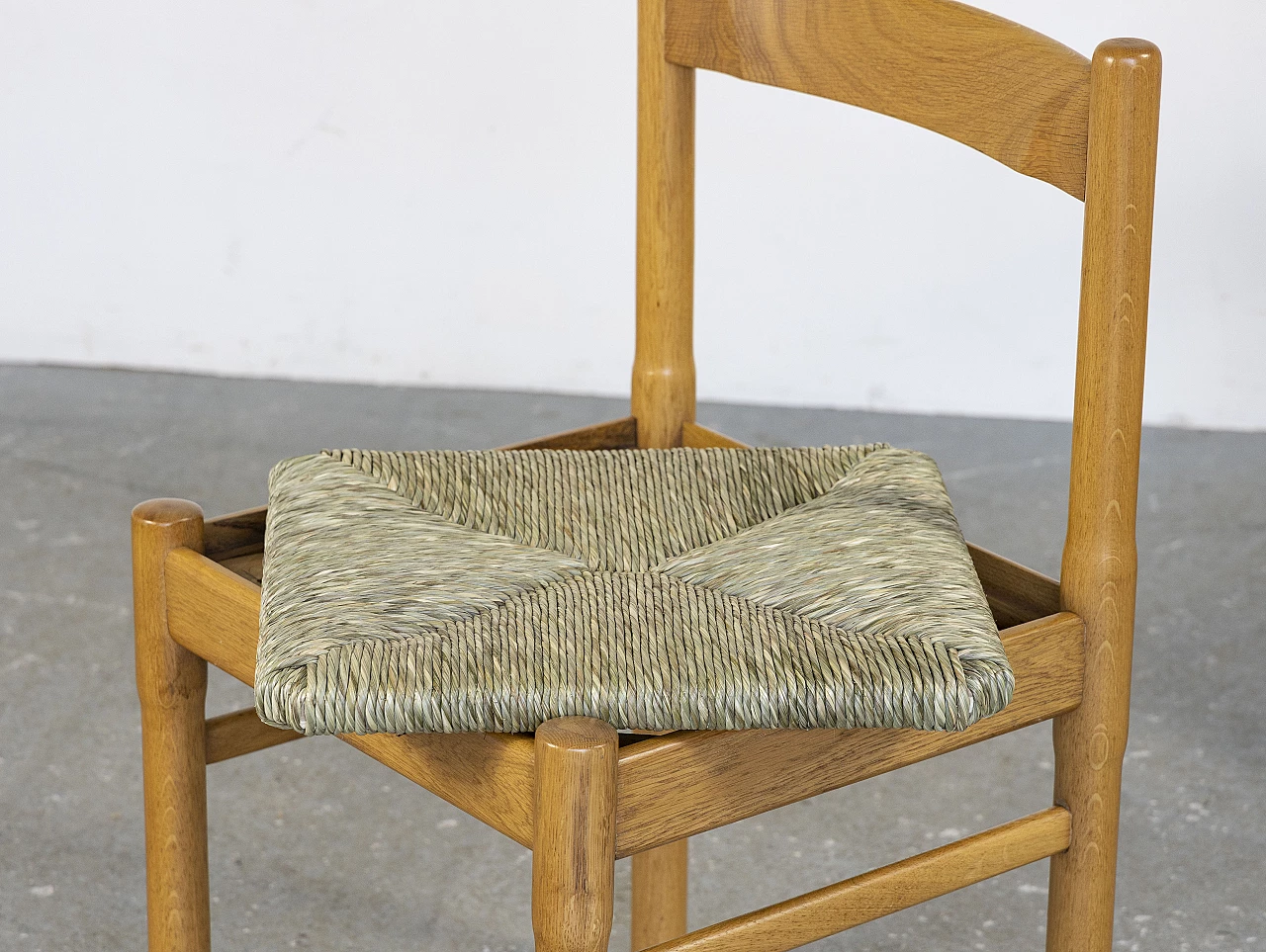 6 Sedie in legno di rovere e seduta in paglia, anni '60 11