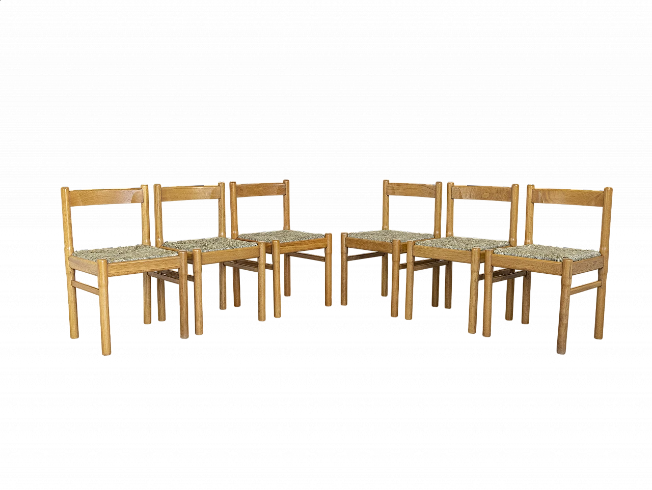 6 Sedie in legno di rovere e seduta in paglia, anni '60 19
