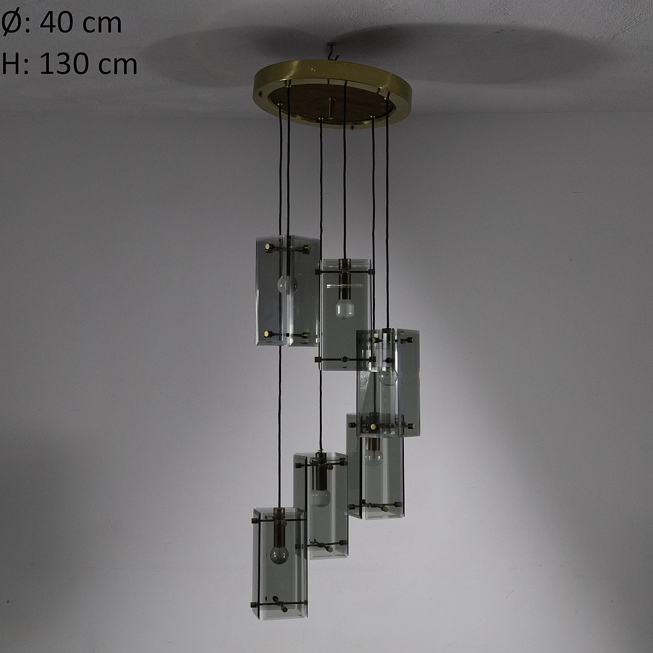 Lampadario a 6 luci in ottone e vetro molato, anni '70 2