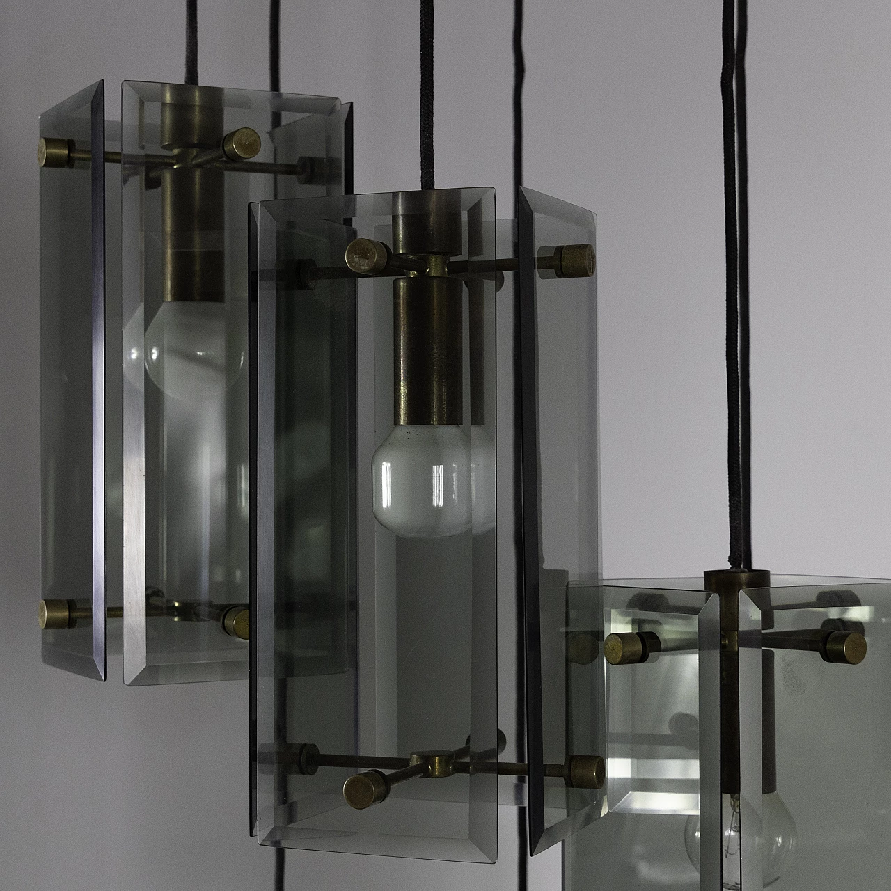 6-light brass and beveled glass chandelier, 1970s 6