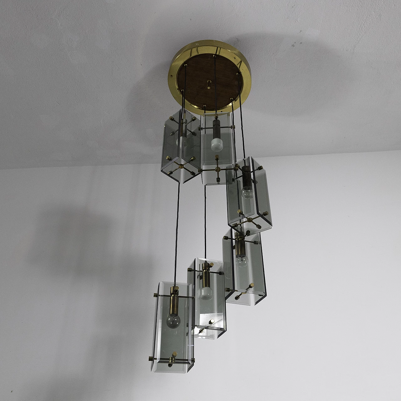 6-light brass and beveled glass chandelier, 1970s 10