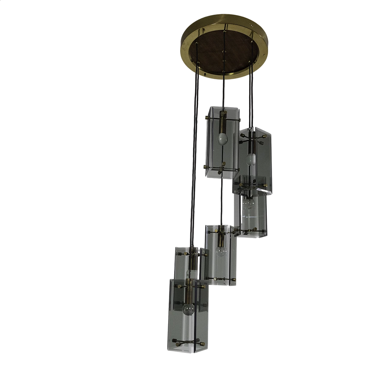 Lampadario a 6 luci in ottone e vetro molato, anni '70 15