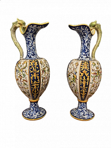 Pair of majolica vases with dragons by Angelo Minghetti, 1920s