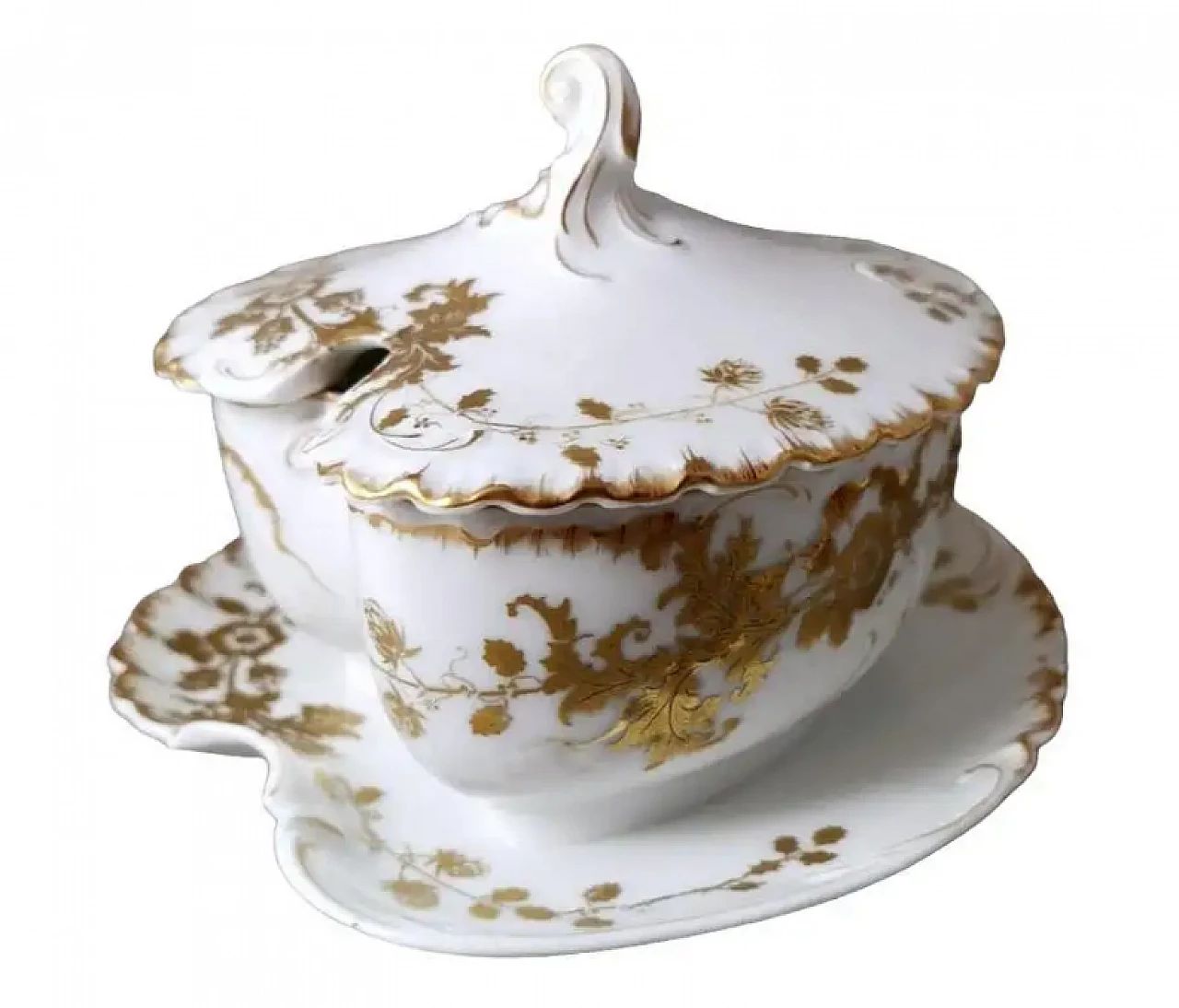 Salsiera francese in porcellana bianca e decorazioni dorate di Haviland & Co., primo '900 1
