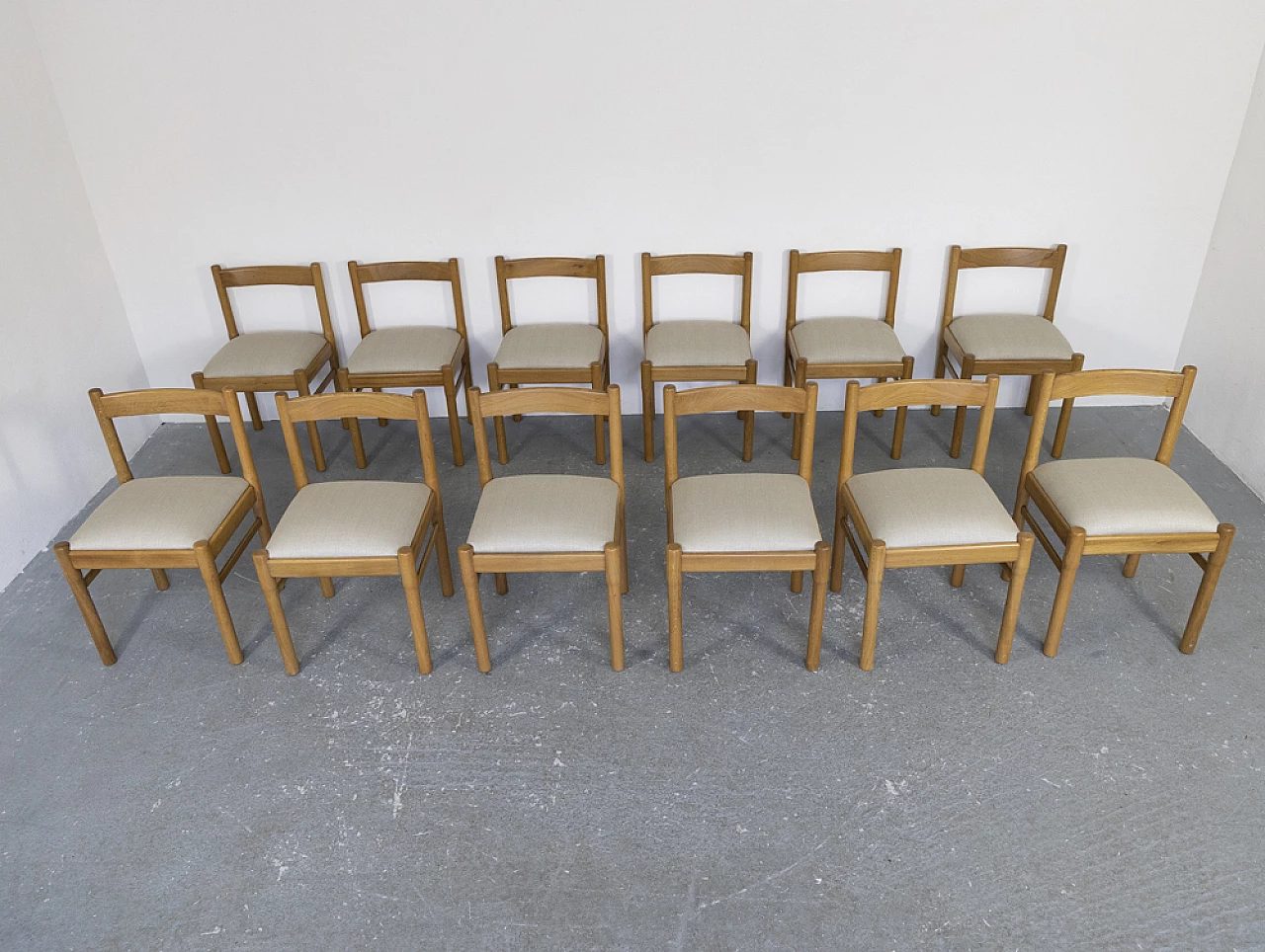 12 oak and fabric chairs, 1970s 1
