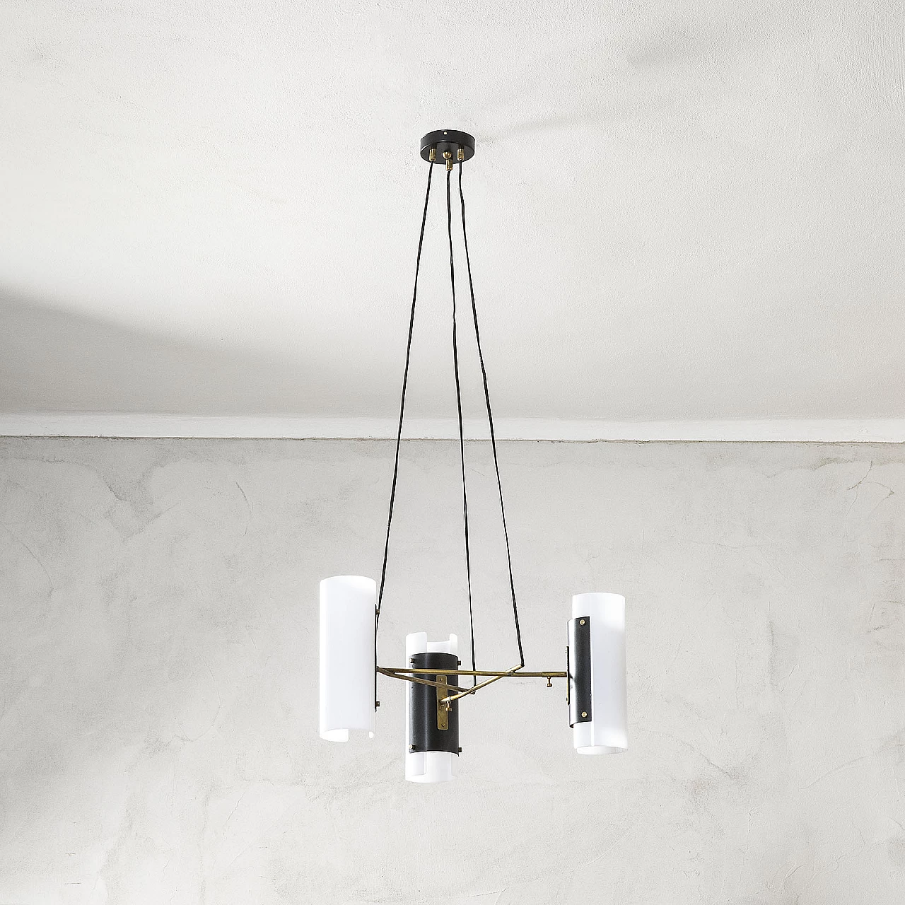 Chandelier with 3 glass diffusers and metal frame by Stilux, 1950s 1