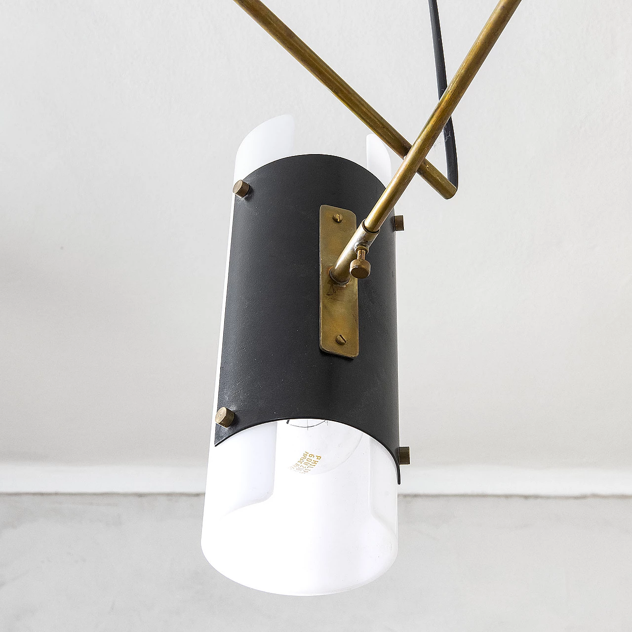 Chandelier with 3 glass diffusers and metal frame by Stilux, 1950s 6