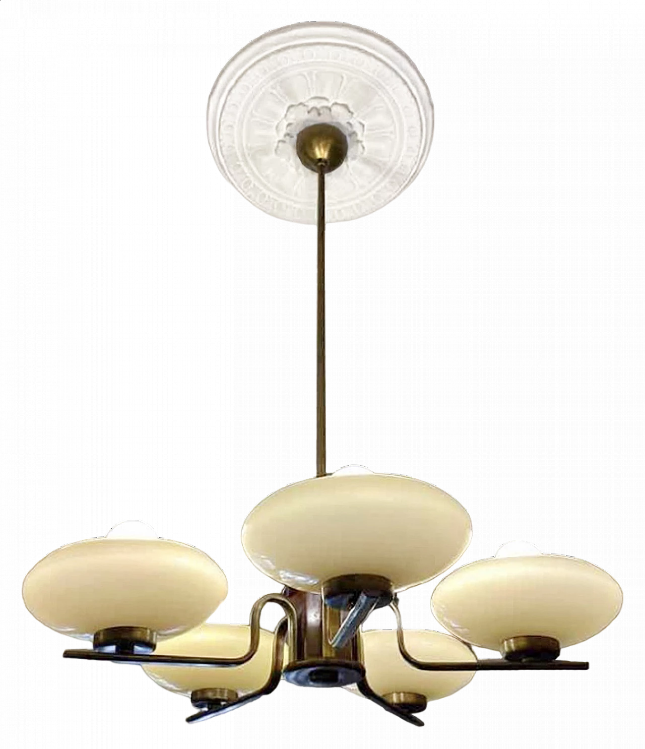 Chandelier with brass and wood frame and glass shades, 1930s 8