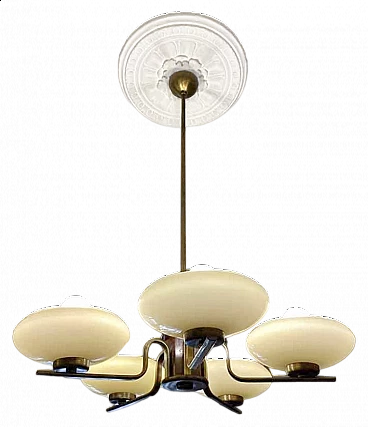 Chandelier with brass and wood frame and glass shades, 1930s