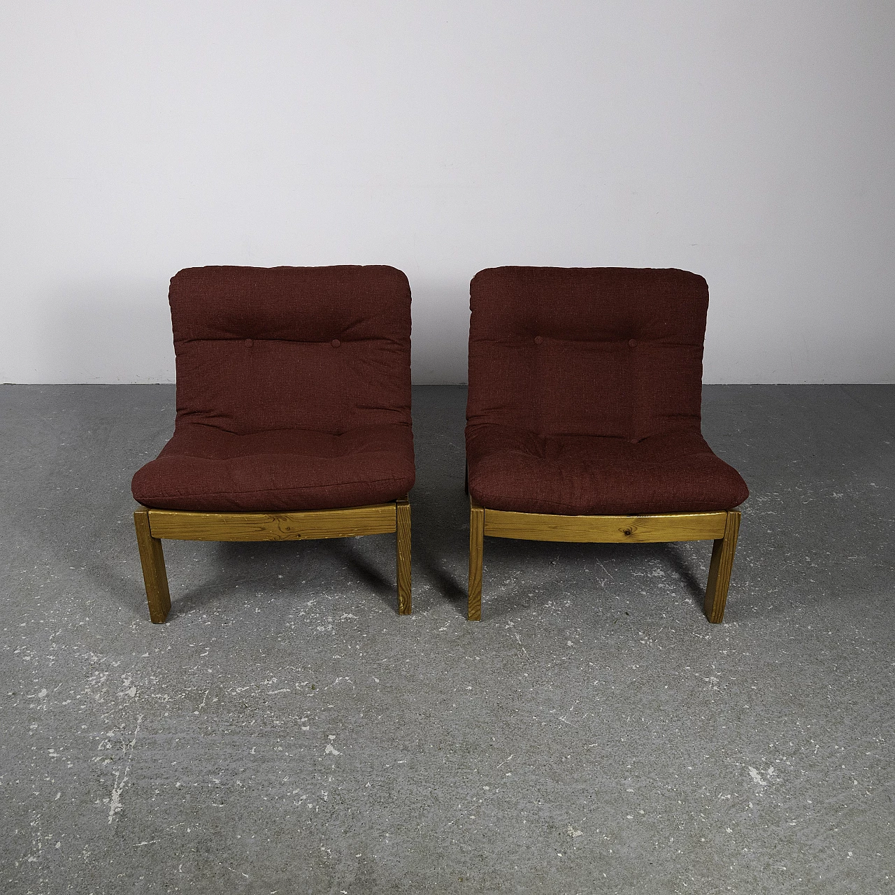 Pair of small armchairs in larch and red fabric, 1960s 1