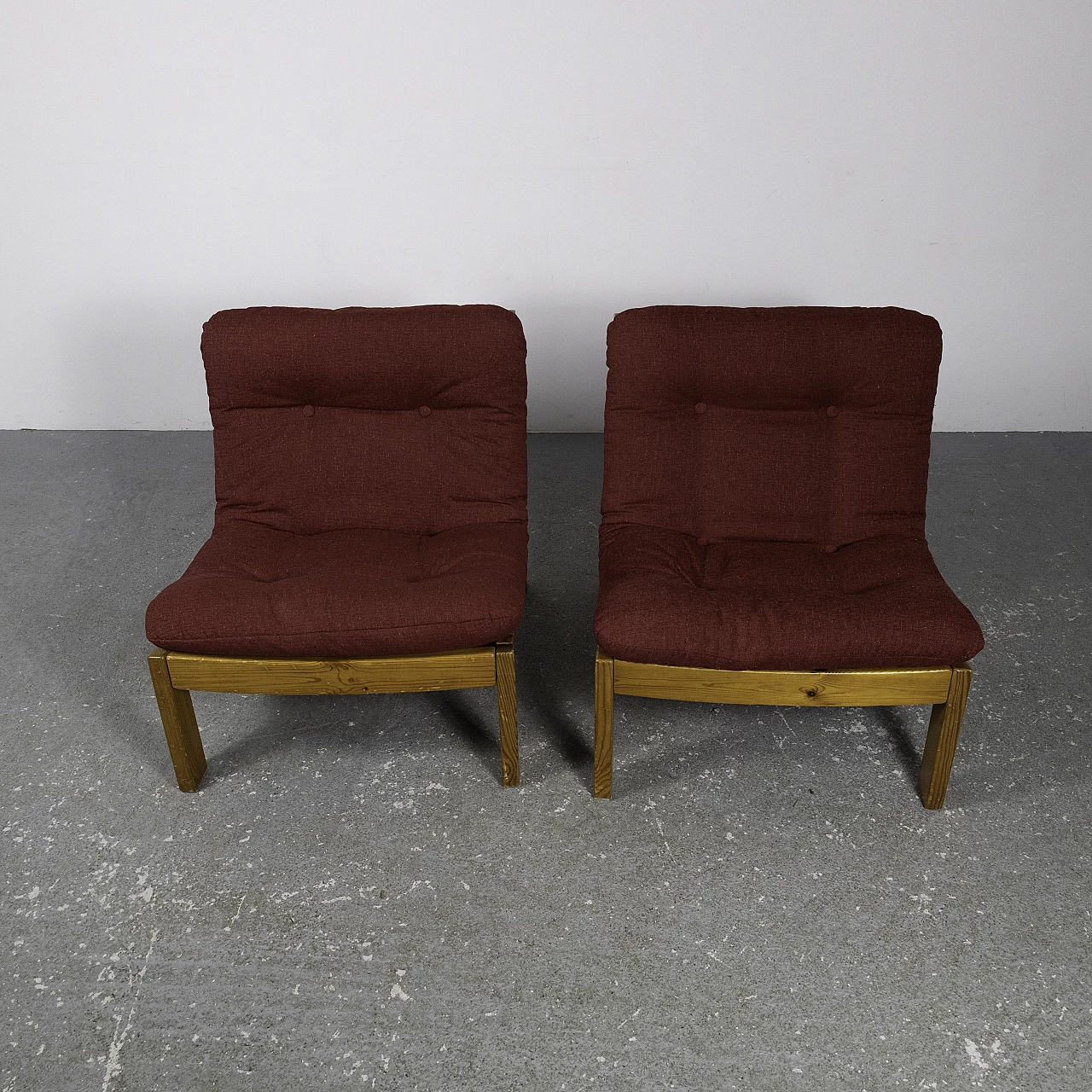 Pair of small armchairs in larch and red fabric, 1960s 2