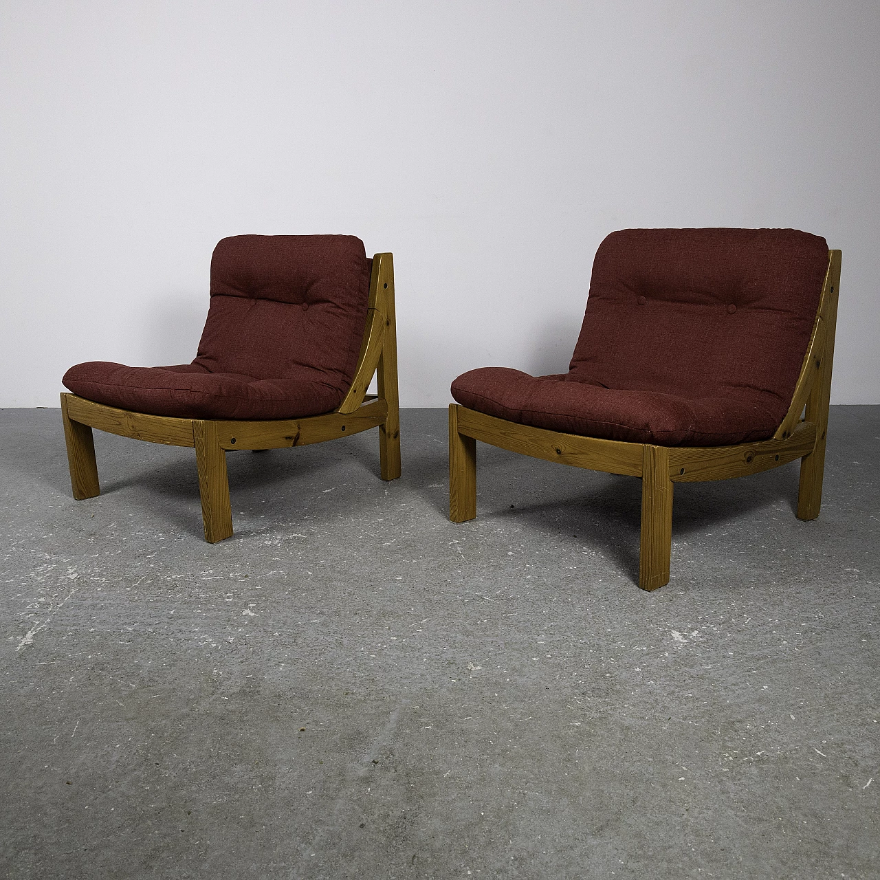 Pair of small armchairs in larch and red fabric, 1960s 3