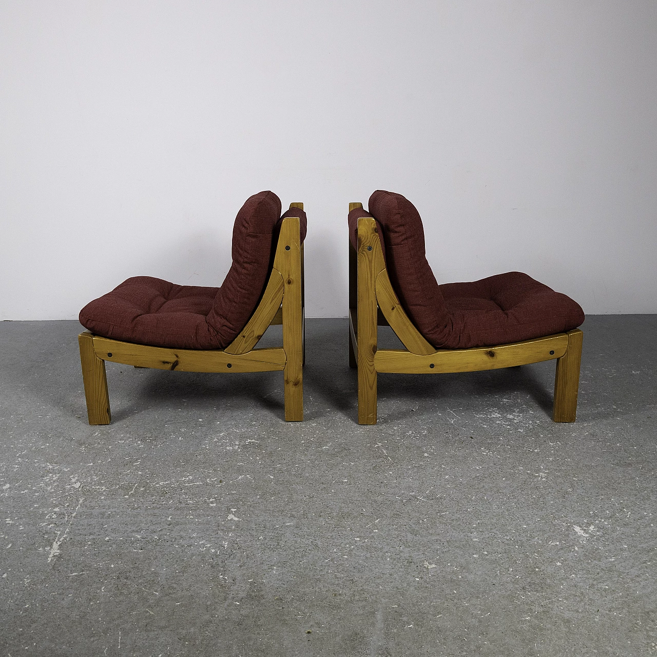 Pair of small armchairs in larch and red fabric, 1960s 4