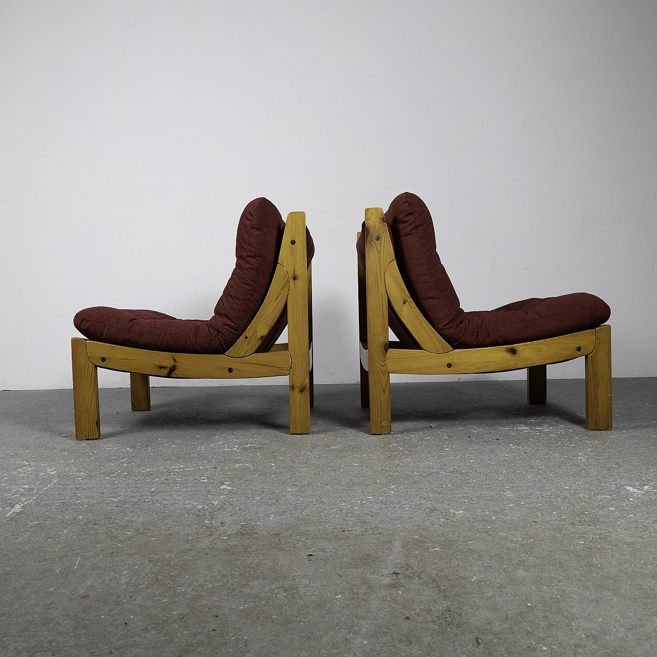 Pair of small armchairs in larch and red fabric, 1960s 5