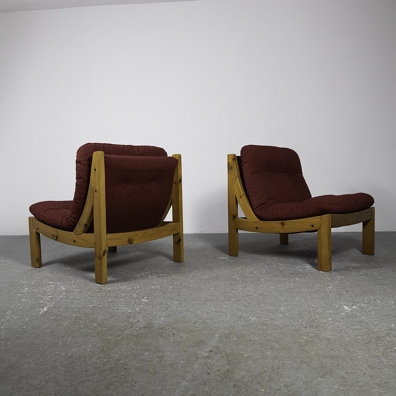 Pair of small armchairs in larch and red fabric, 1960s 6