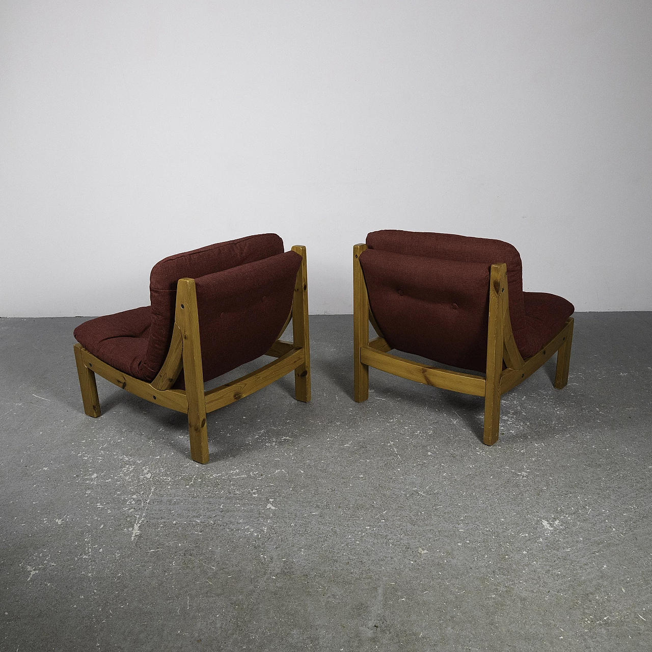 Pair of small armchairs in larch and red fabric, 1960s 7
