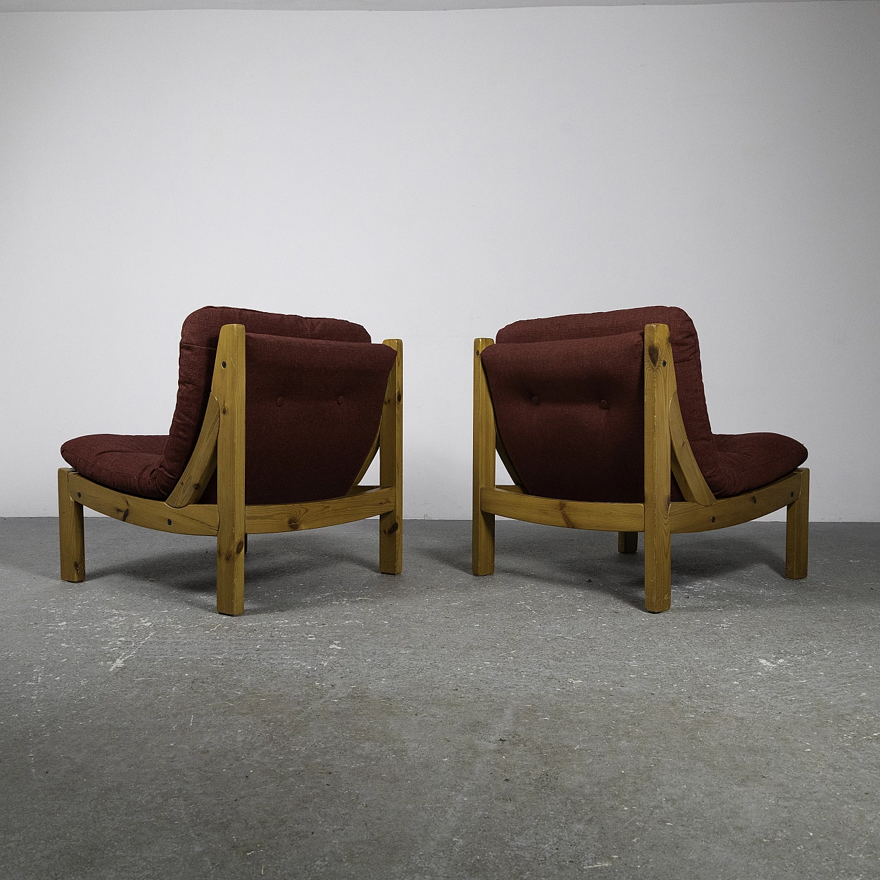 Pair of small armchairs in larch and red fabric, 1960s 8