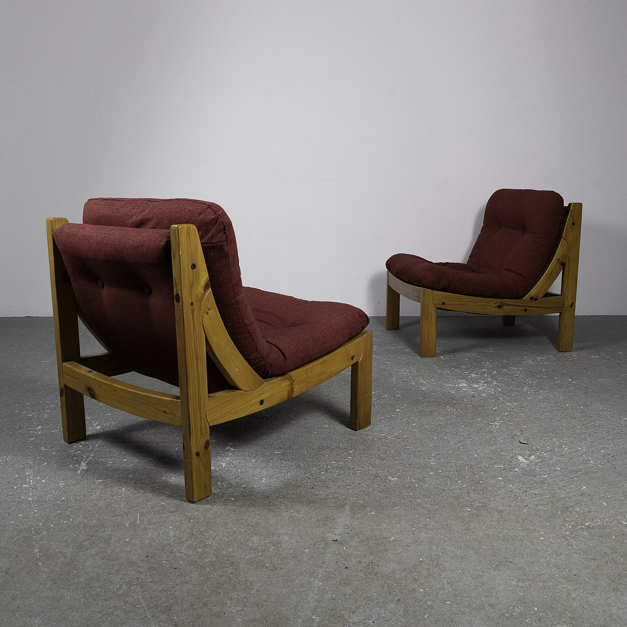 Pair of small armchairs in larch and red fabric, 1960s 13