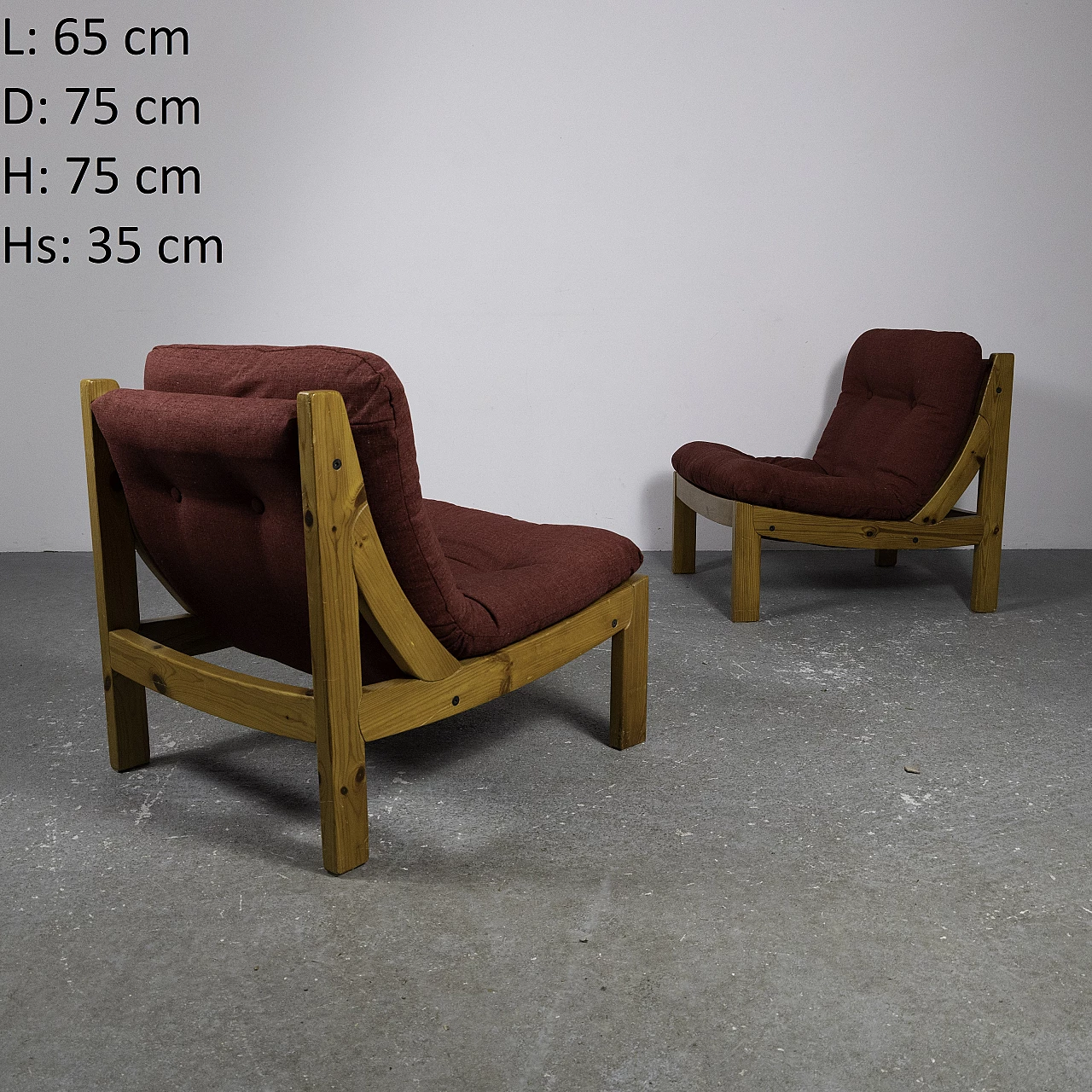 Pair of small armchairs in larch and red fabric, 1960s 14