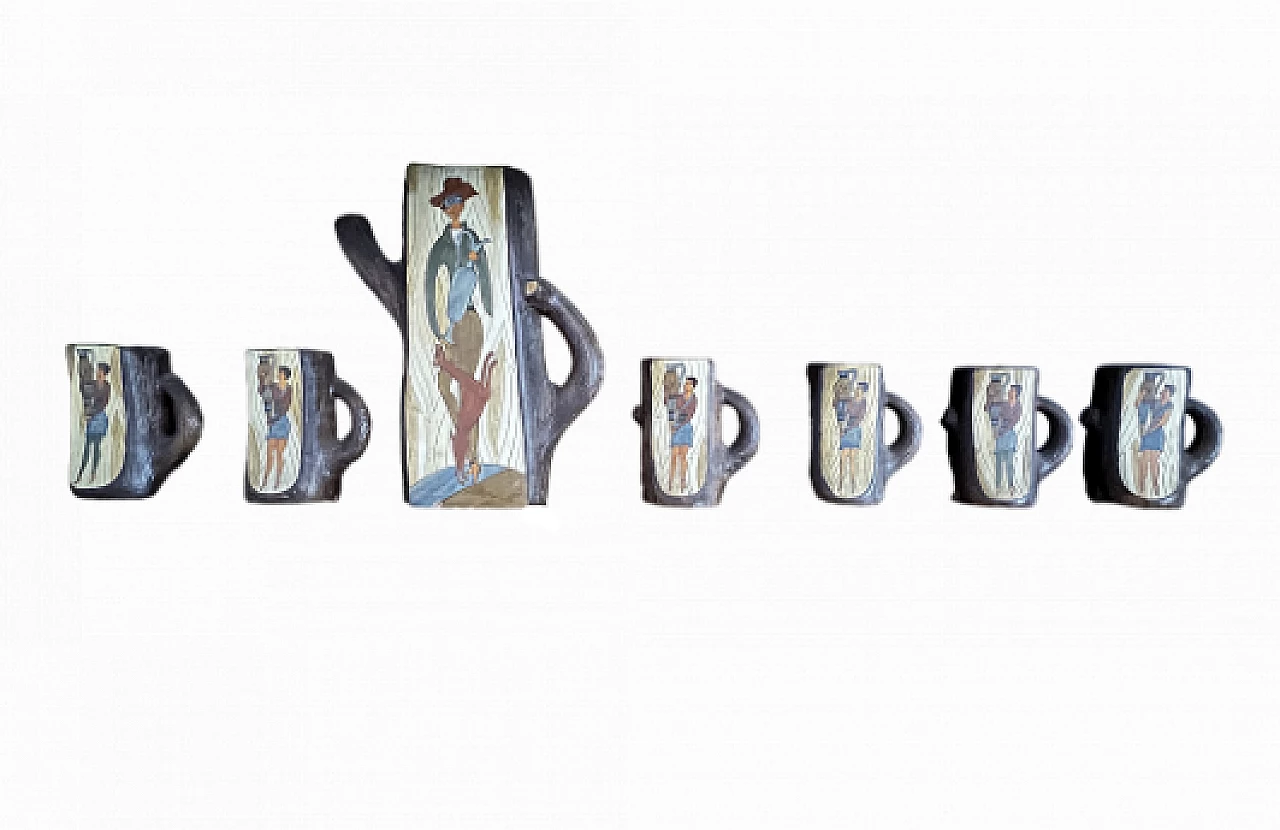 6 Tazze e brocca in ceramica dipinta effetto legno di Deruta, anni '60 9