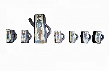 6 Tazze e brocca in ceramica dipinta effetto legno di Deruta, anni '60