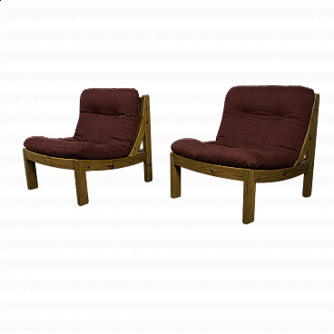Pair of small armchairs in larch and red fabric, 1960s