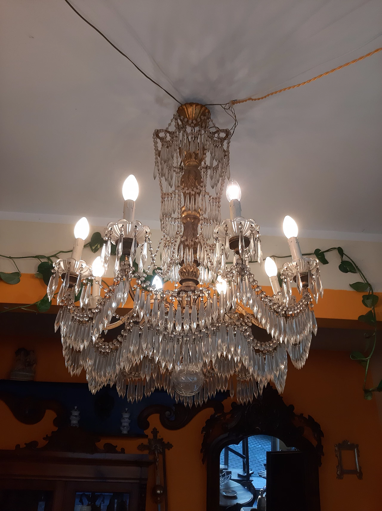 Eight-light wood, metal and glass chandelier, late 19th century 1