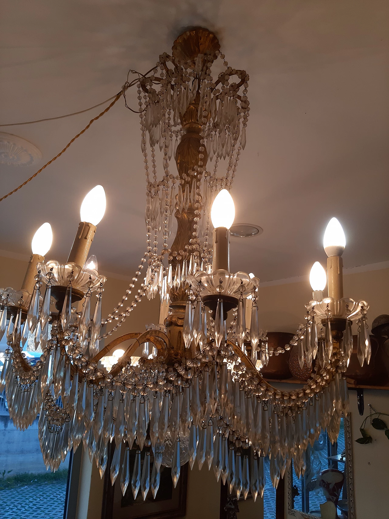 Eight-light wood, metal and glass chandelier, late 19th century 2