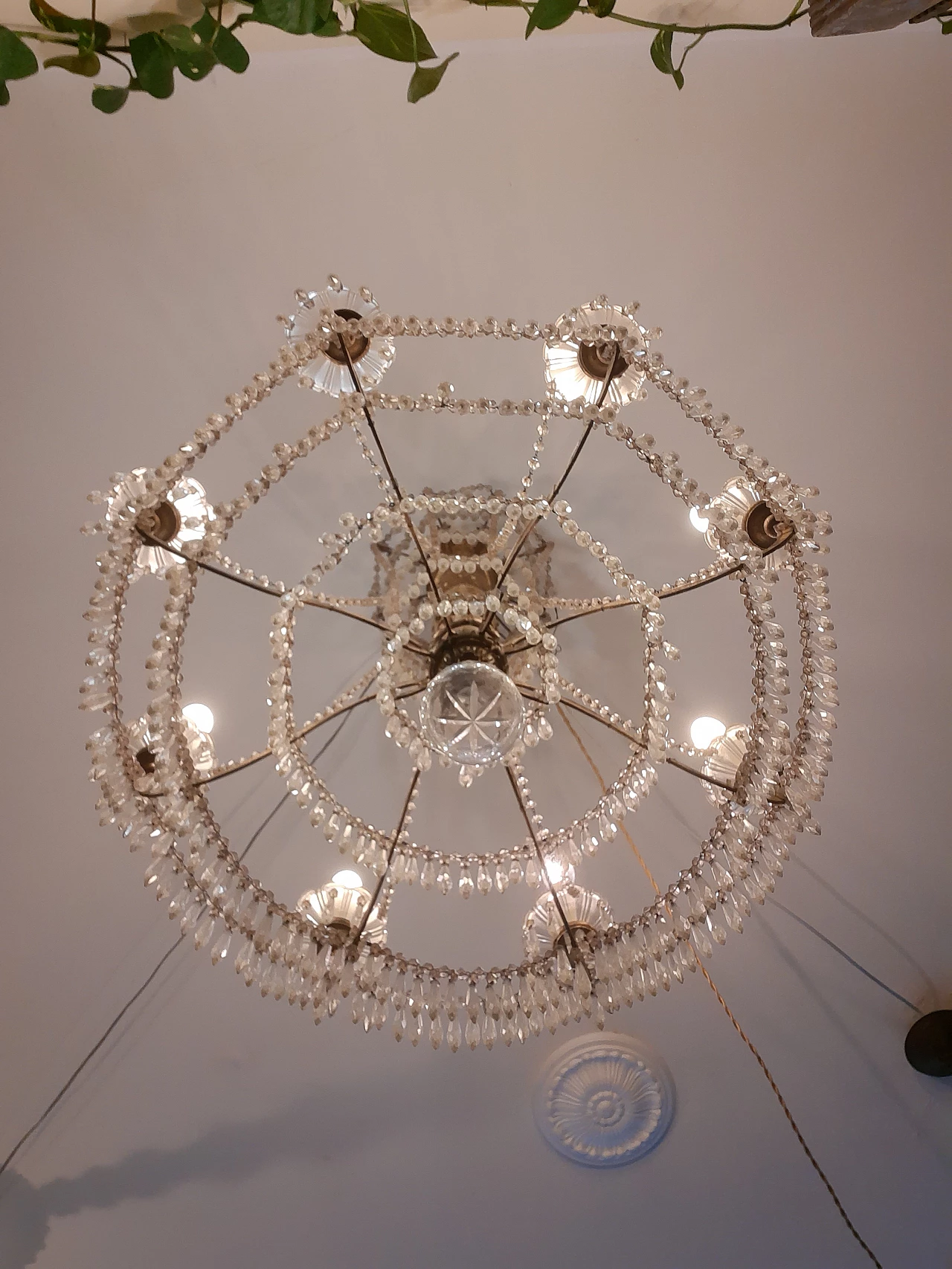 Eight-light wood, metal and glass chandelier, late 19th century 8