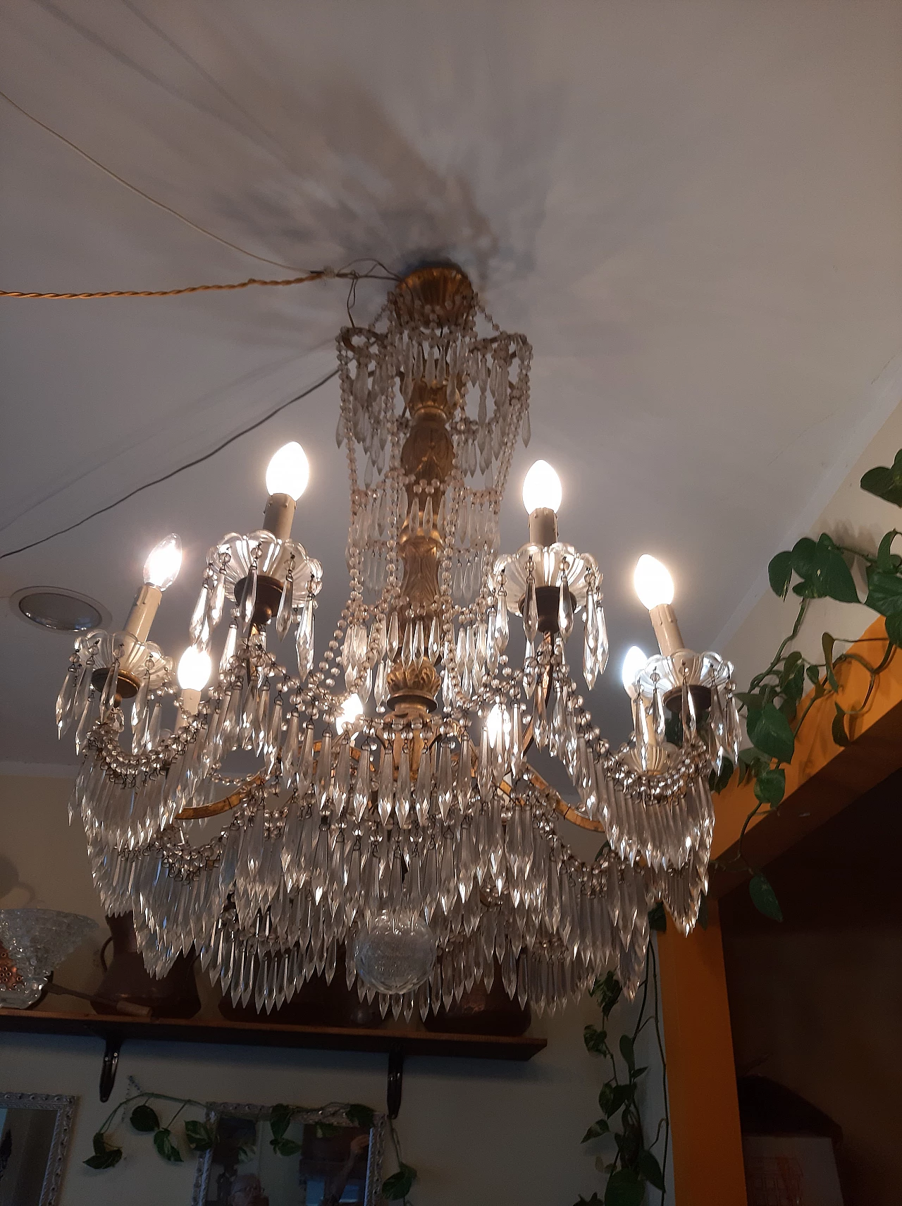 Eight-light wood, metal and glass chandelier, late 19th century 10