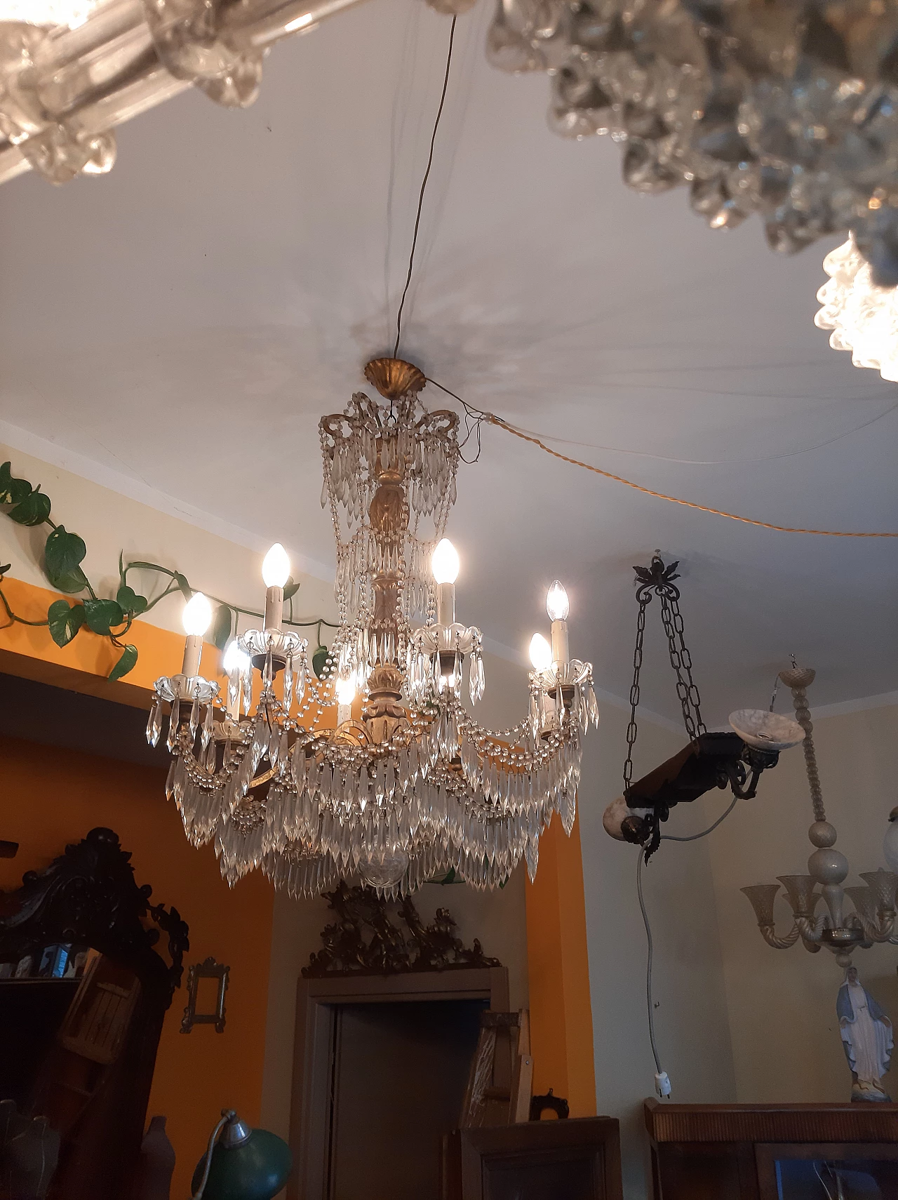 Eight-light wood, metal and glass chandelier, late 19th century 12