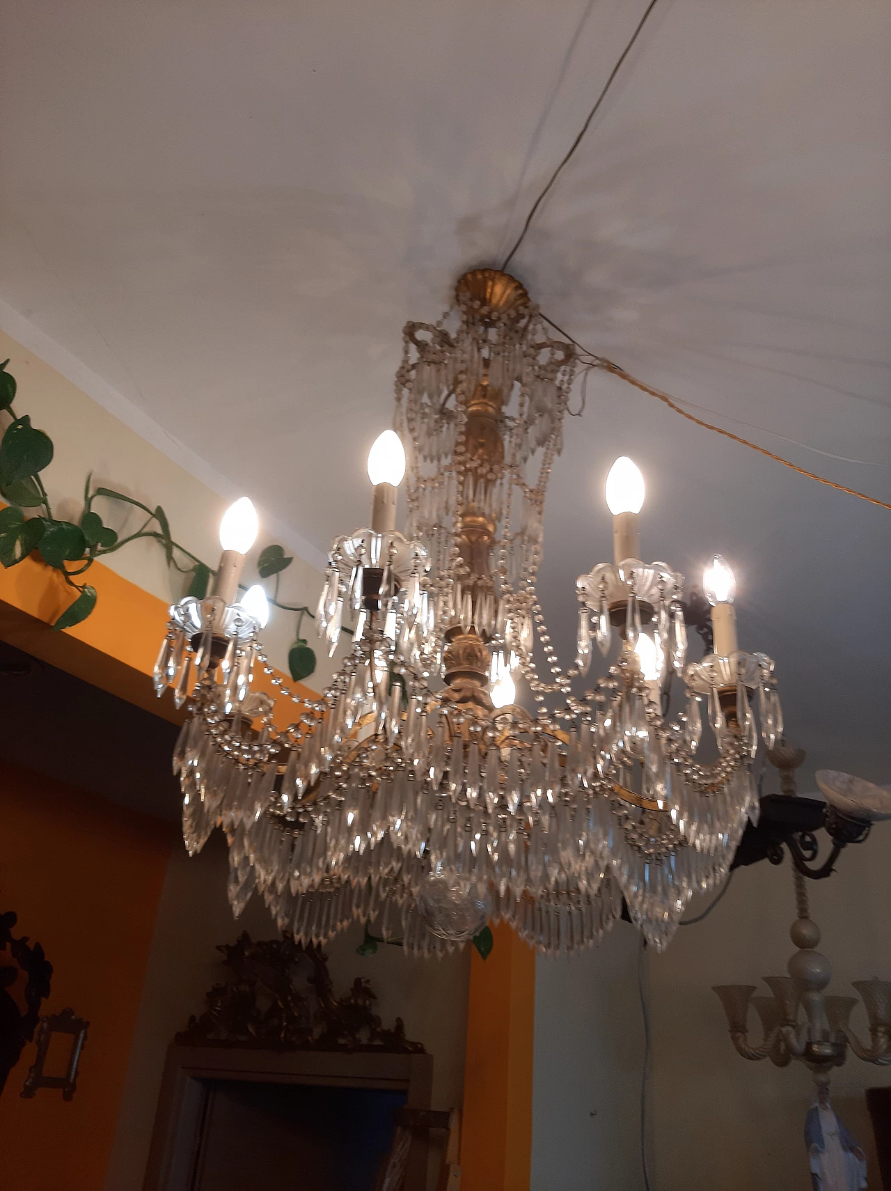 Eight-light wood, metal and glass chandelier, late 19th century 13