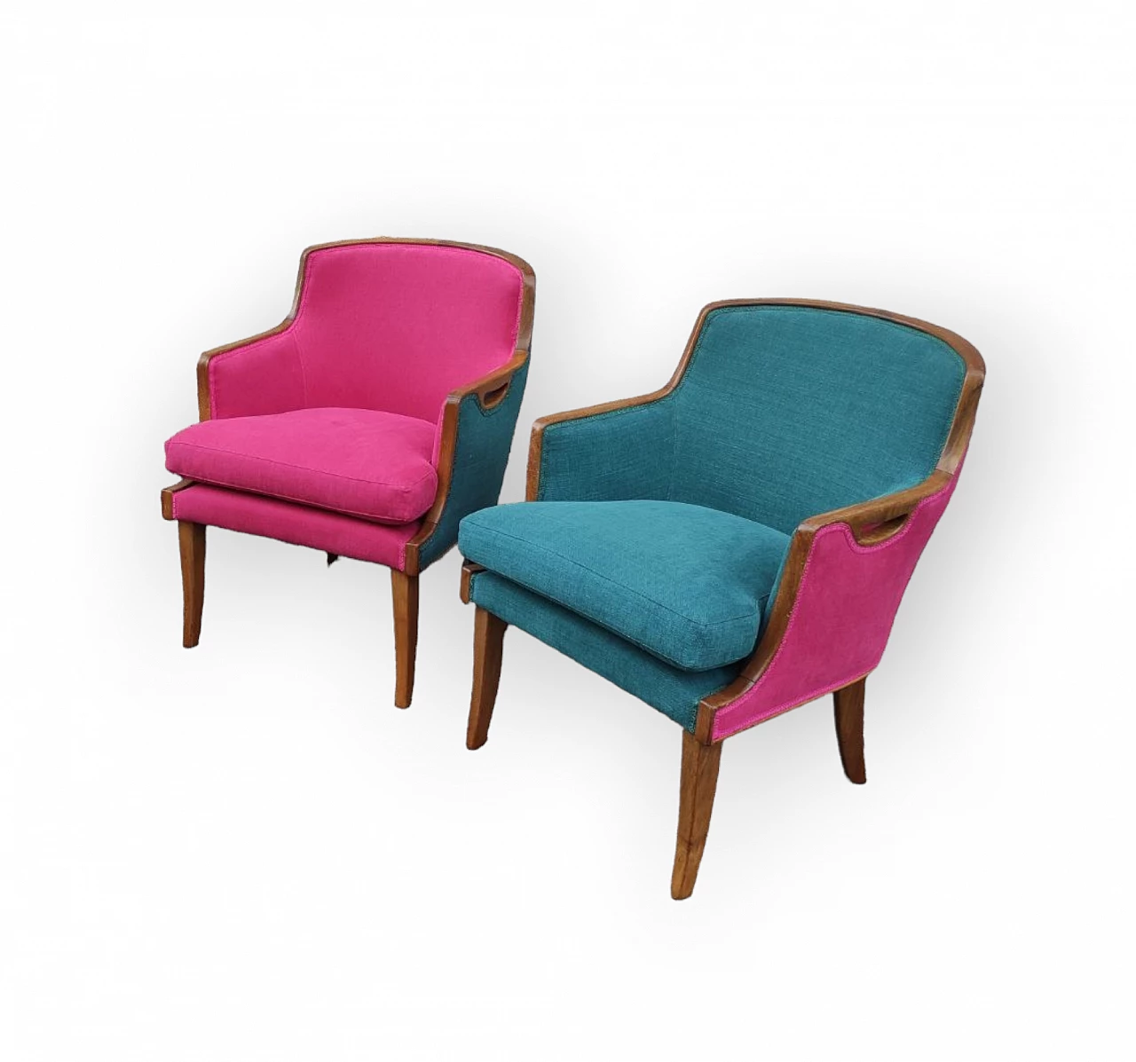 Pair of two-tone walnut armchairs, 1950s 1