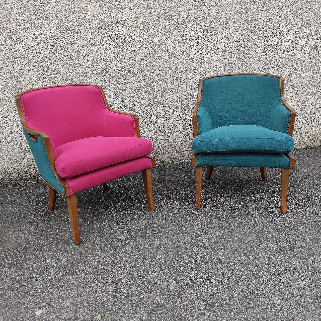 Pair of two-tone walnut armchairs, 1950s 2