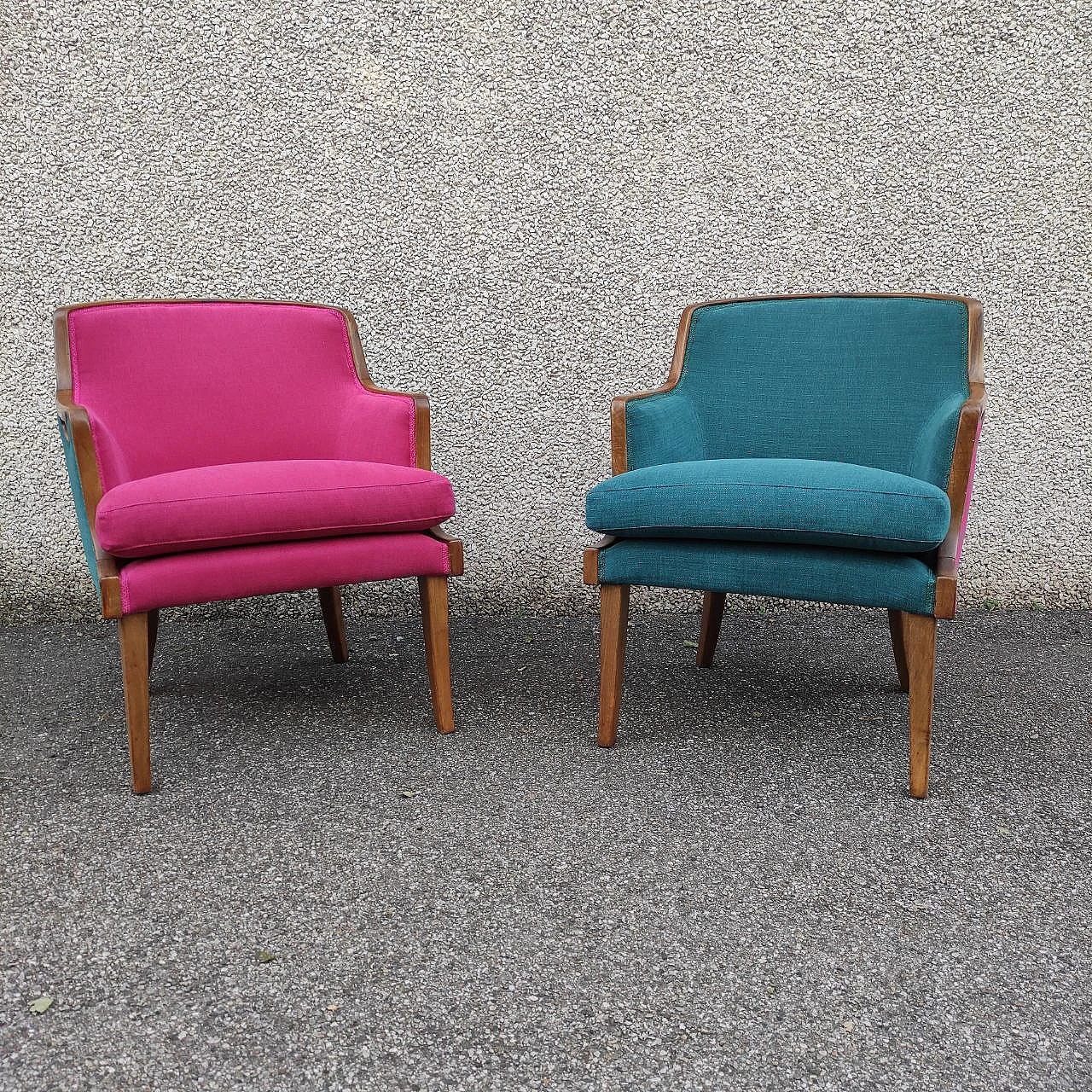Pair of two-tone walnut armchairs, 1950s 3