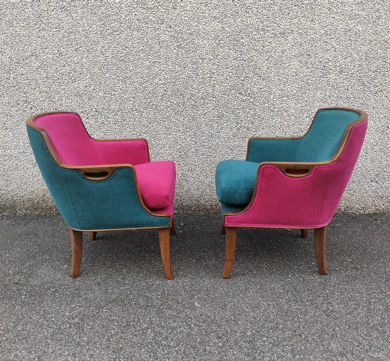Pair of two-tone walnut armchairs, 1950s 5