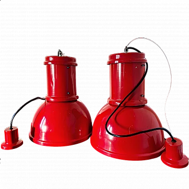Pair of red metal hanging lamps by Fontana Arte, 1970s