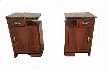 Pair of Art Deco walnut bedside tables with marble top, 1930s