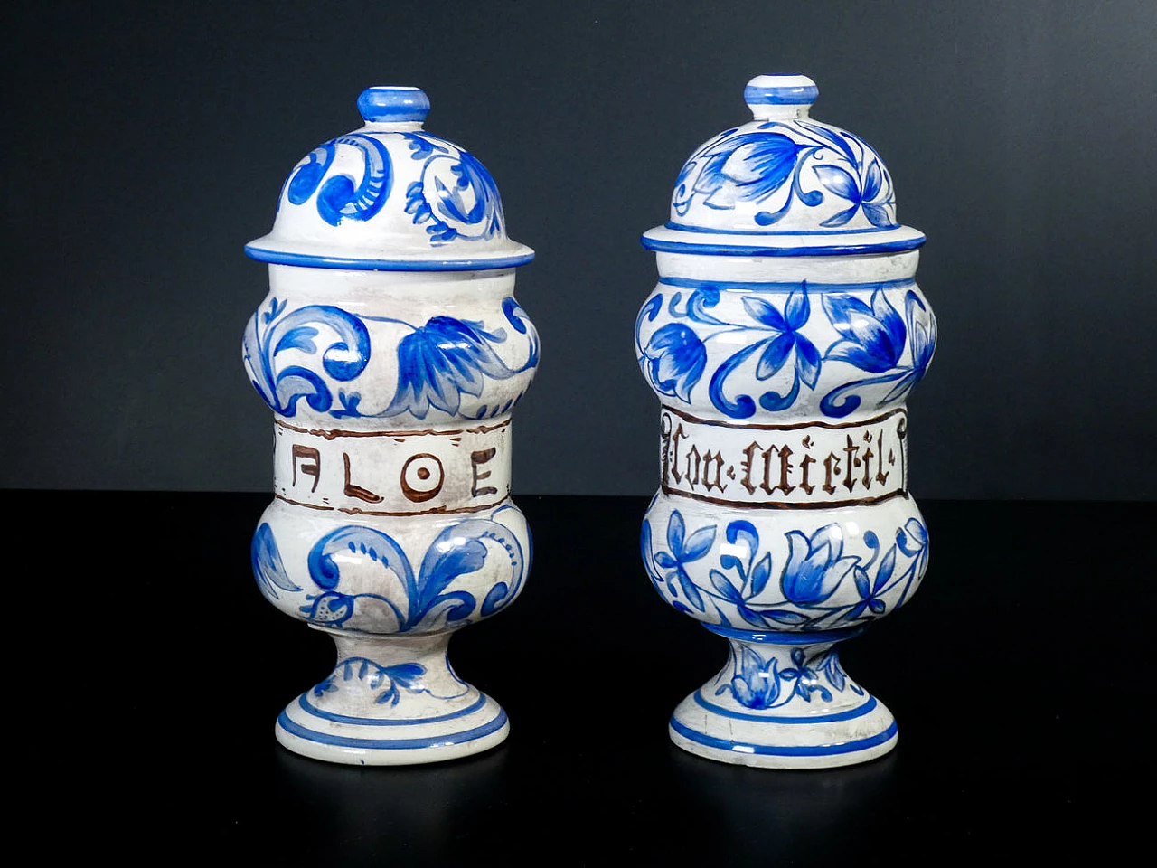 Pair of hand-painted ceramic apothecary jars, 1964 1