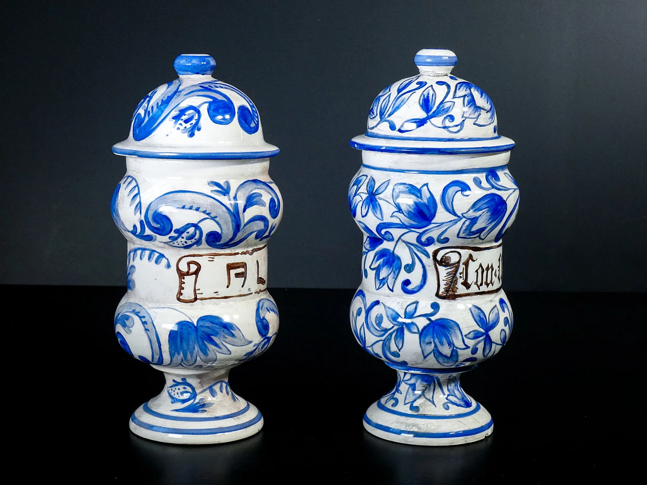 Pair of hand-painted ceramic apothecary jars, 1964 2