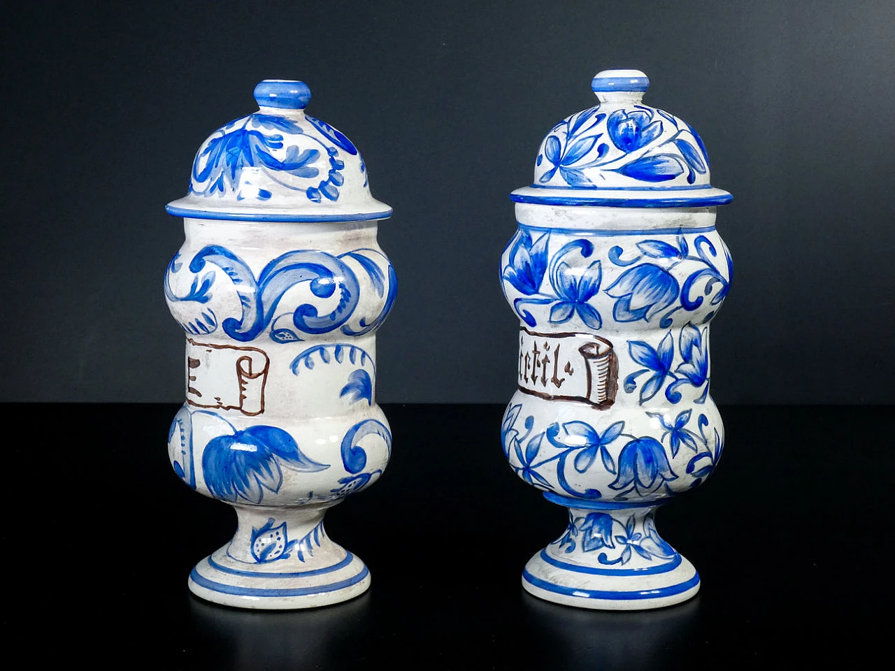 Pair of hand-painted ceramic apothecary jars, 1964 4